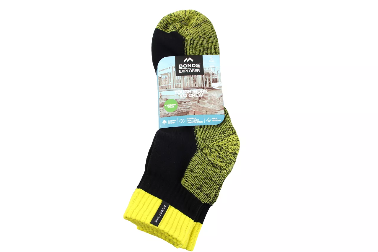 12 X Mens Bonds Explorer Tough Work Quarter Crew Cotton Socks - Black/Yellow