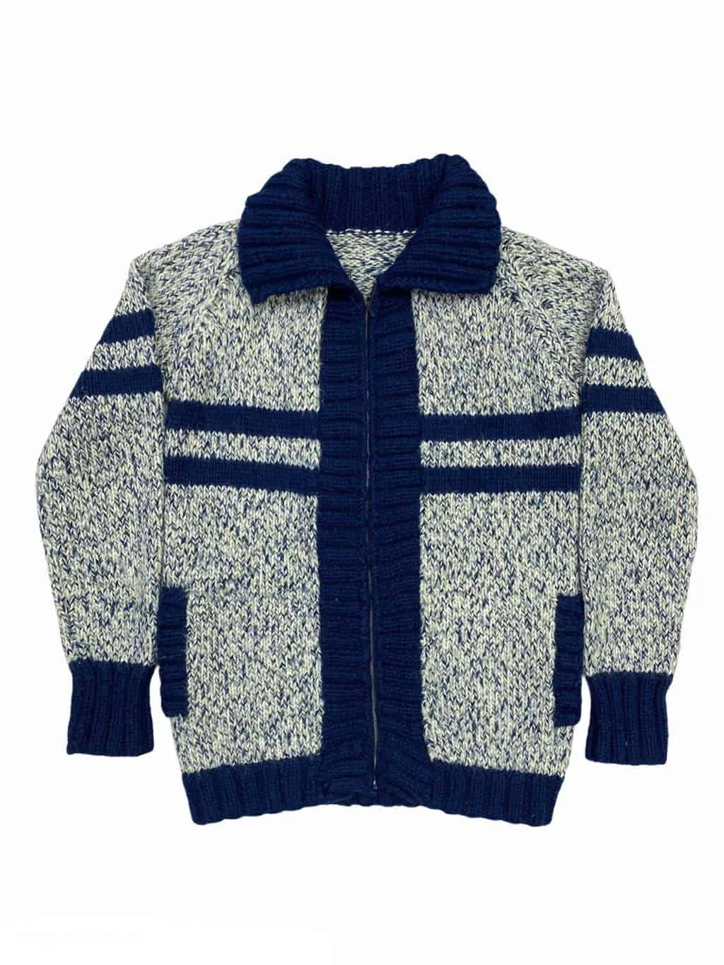 60s Vintage Cardigan Zip Up Front Hand Knitted Navy Blue & White – M