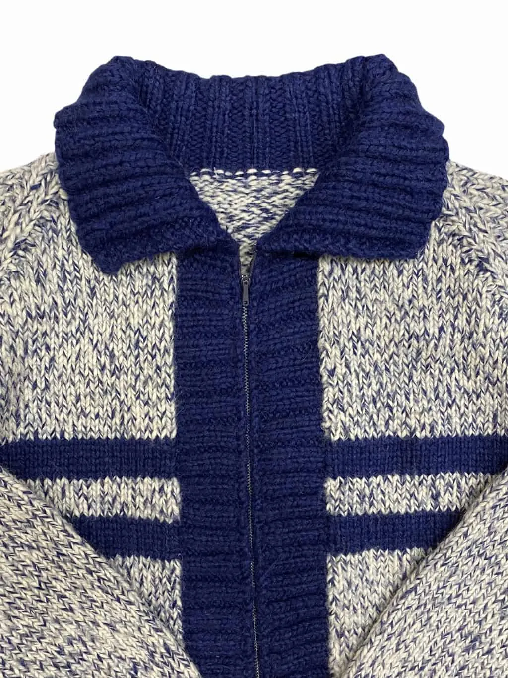 60s Vintage Cardigan Zip Up Front Hand Knitted Navy Blue & White – M