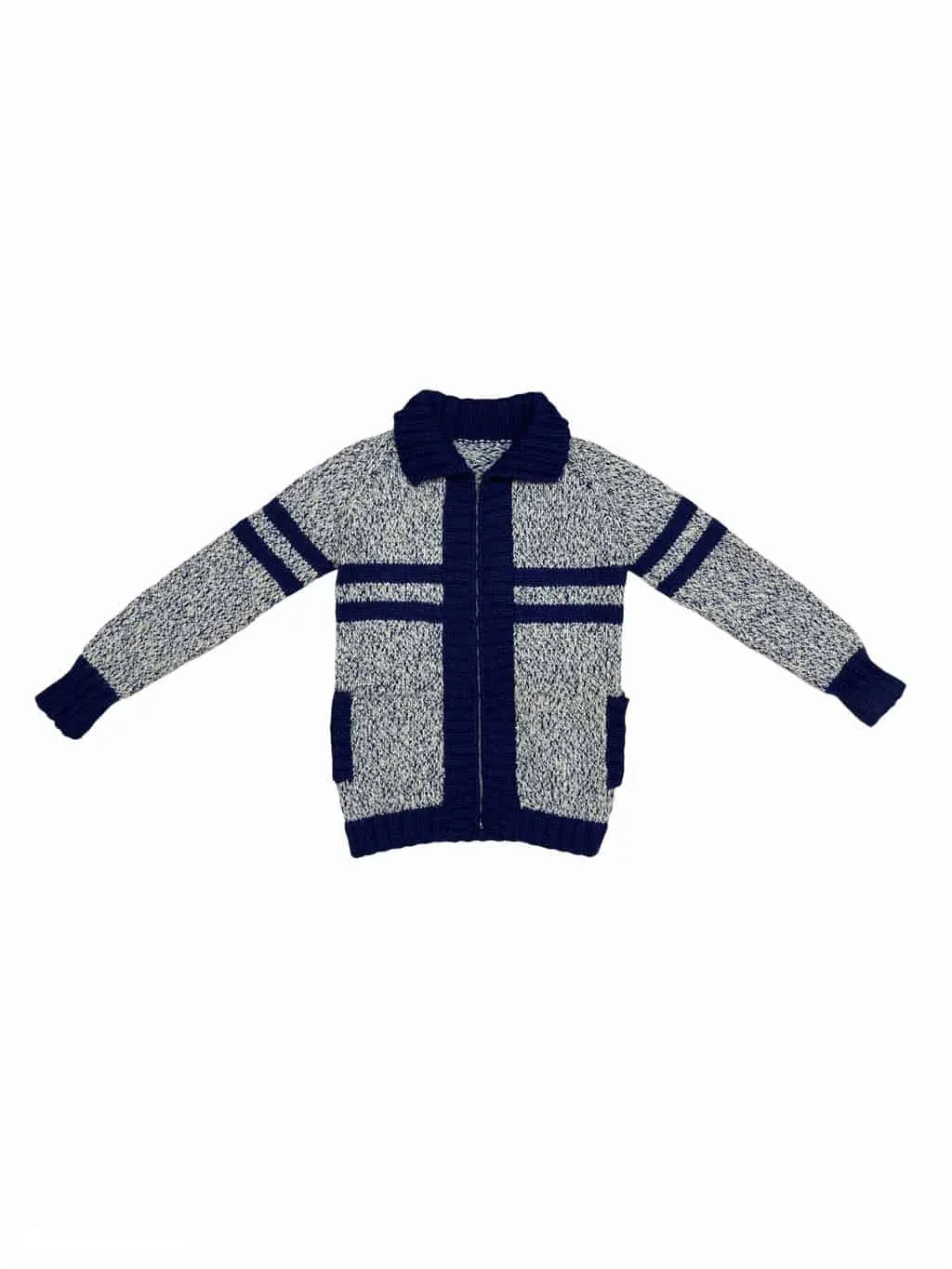 60s Vintage Cardigan Zip Up Front Hand Knitted Navy Blue & White – M