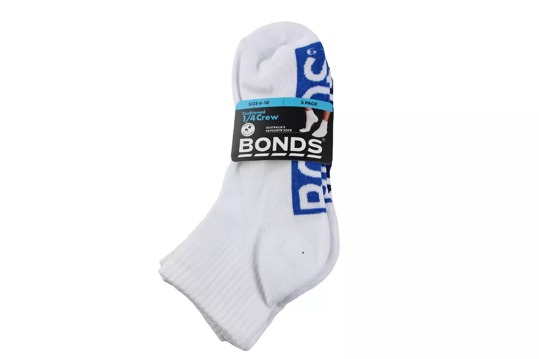 9 x Bonds Mens Cushioned Quarter Crew White/Blue/Red Socks