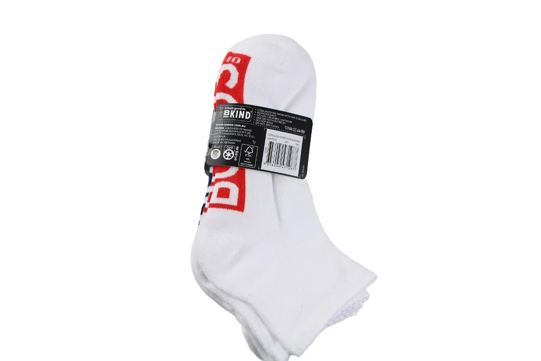 9 x Bonds Mens Cushioned Quarter Crew White/Blue/Red Socks