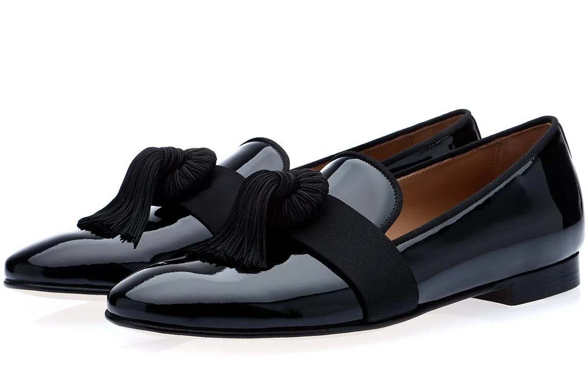 AGADIR PATENT BLACK SLIPPERS