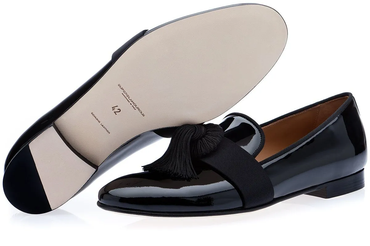 AGADIR PATENT BLACK SLIPPERS