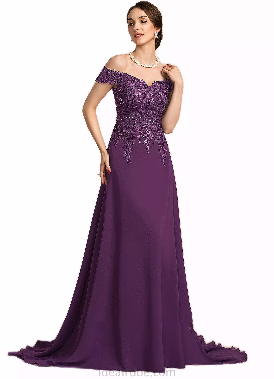 Aleena A-Line Off-the-Shoulder Sweep Train Chiffon Lace Mother of the Bride Dress With Beading Sequins STK126P0014801