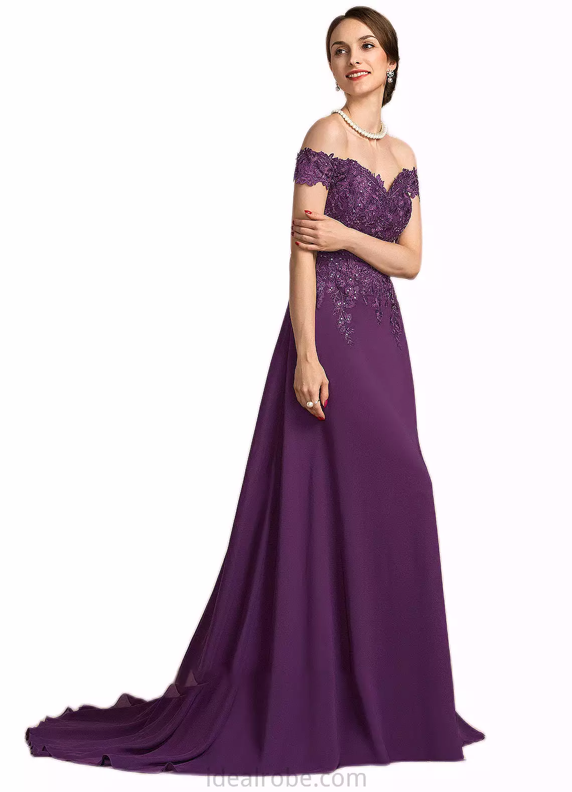 Aleena A-Line Off-the-Shoulder Sweep Train Chiffon Lace Mother of the Bride Dress With Beading Sequins STK126P0014801