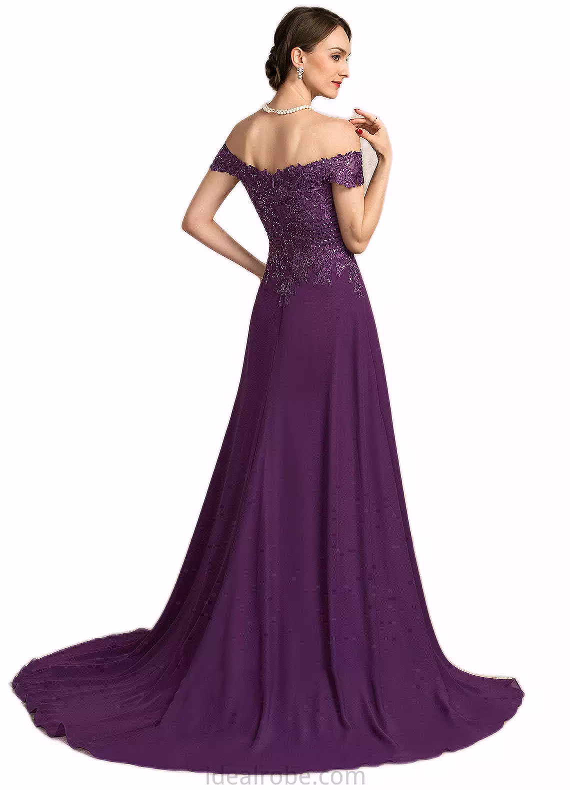 Aleena A-Line Off-the-Shoulder Sweep Train Chiffon Lace Mother of the Bride Dress With Beading Sequins STK126P0014801