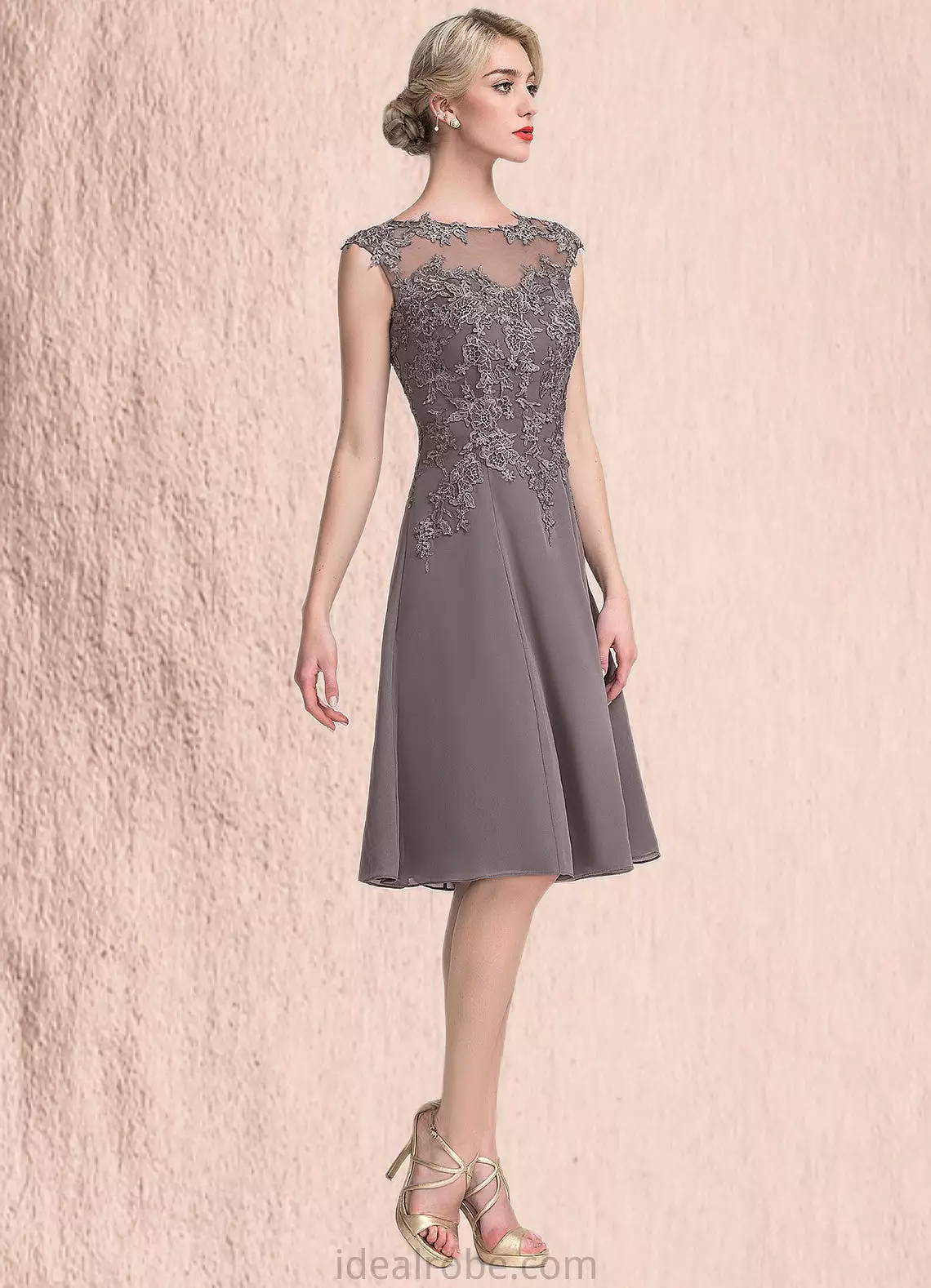 Angelica A-Line Scoop Neck Knee-Length Chiffon Lace Mother of the Bride Dress STK126P0014790