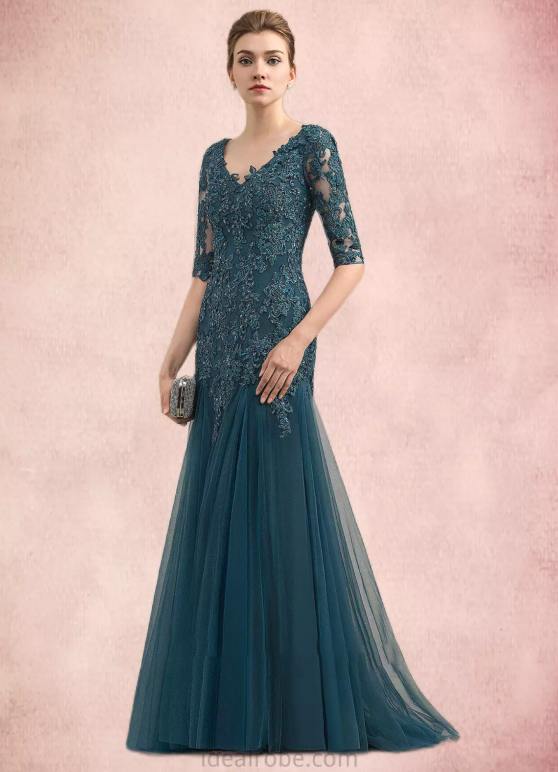 Ansley Trumpet/Mermaid V-neck Sweep Train Tulle Lace Mother of the Bride Dress With Beading Sequins STK126P0014804