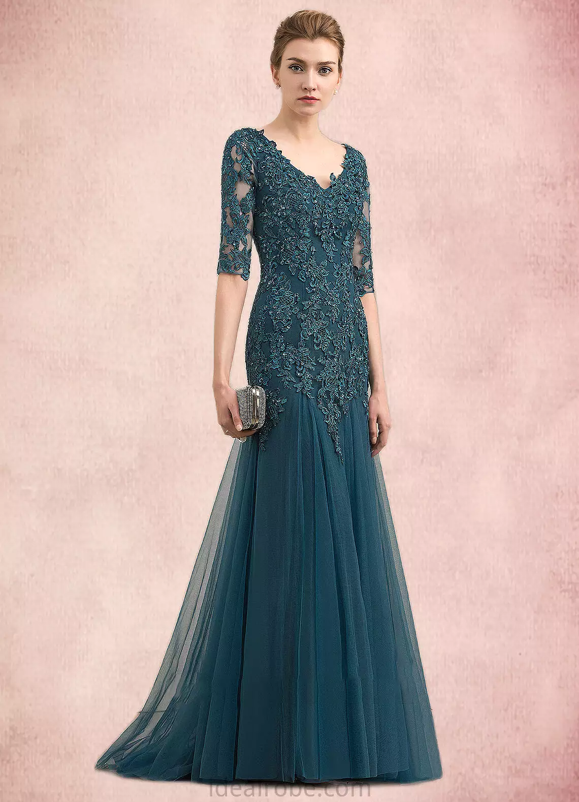 Ansley Trumpet/Mermaid V-neck Sweep Train Tulle Lace Mother of the Bride Dress With Beading Sequins STK126P0014804