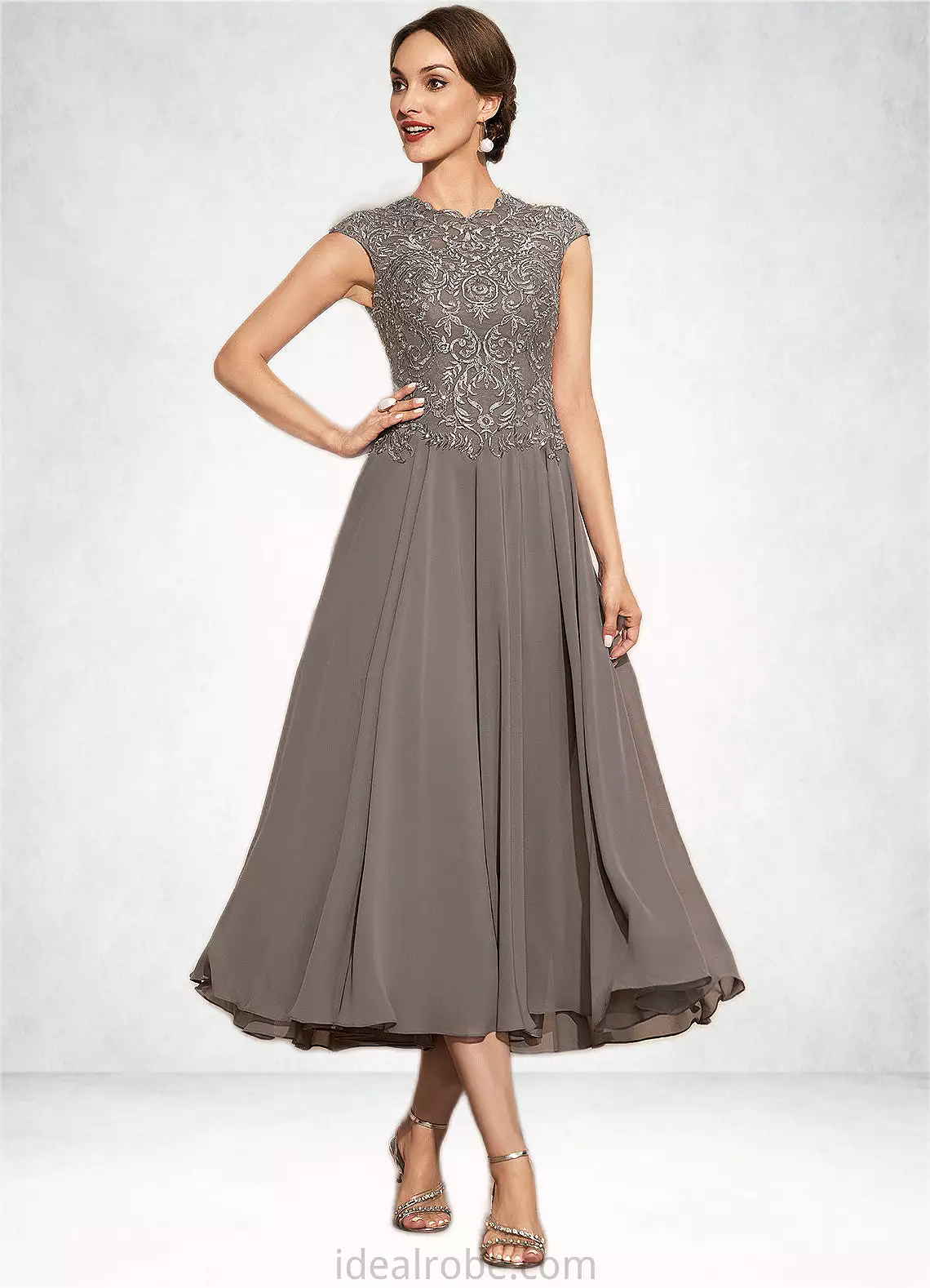 Aracely A-Line Scoop Neck Tea-Length Chiffon Lace Mother of the Bride Dress With Beading STK126P0014774