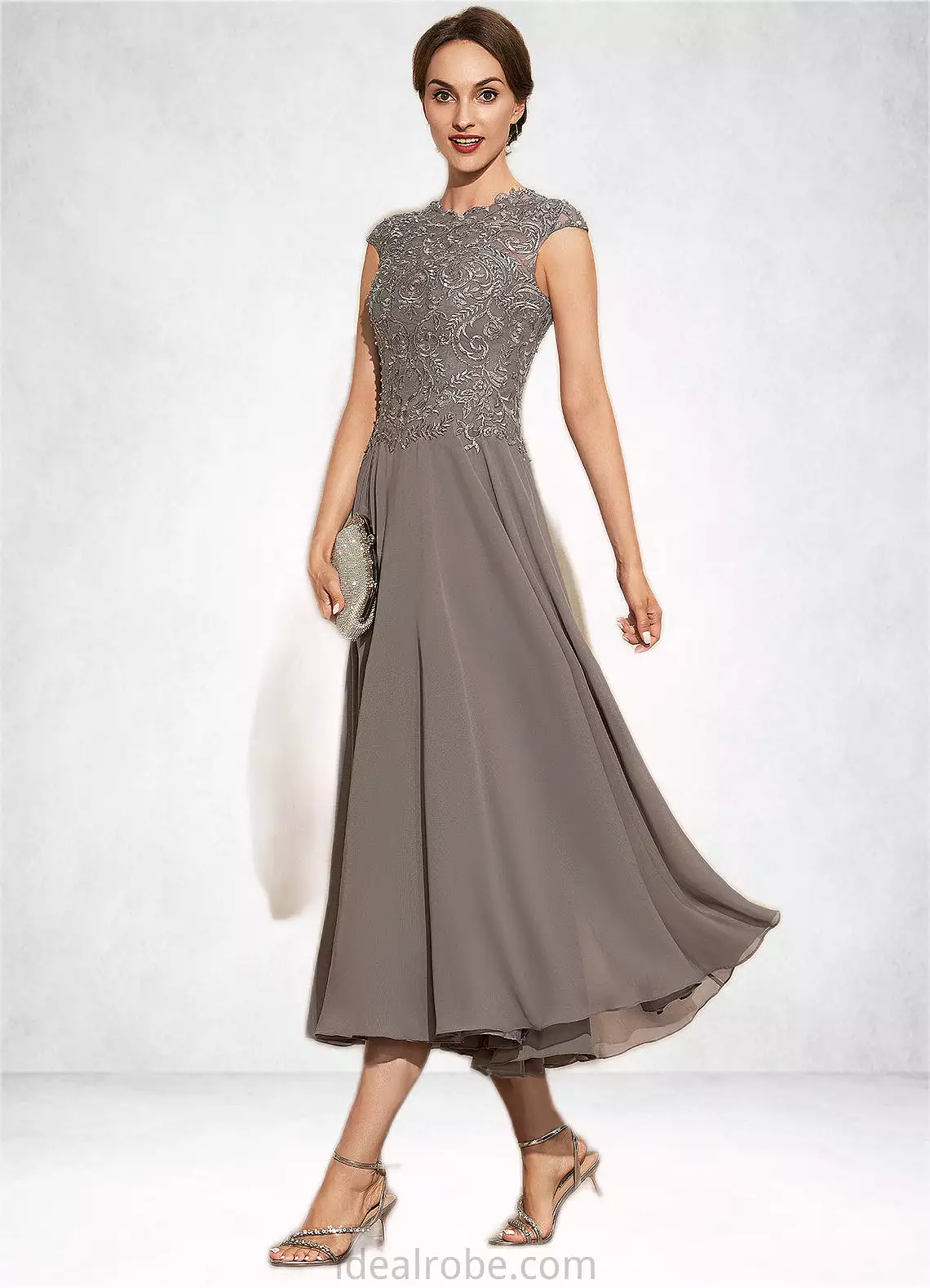 Aracely A-Line Scoop Neck Tea-Length Chiffon Lace Mother of the Bride Dress With Beading STK126P0014774