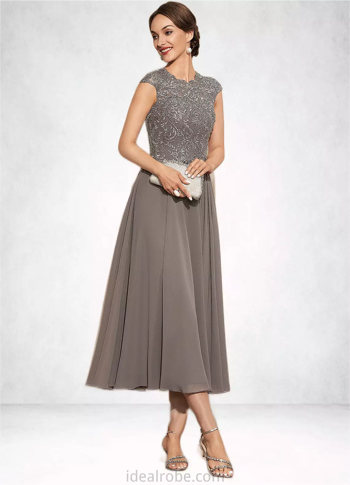 Aracely A-Line Scoop Neck Tea-Length Chiffon Lace Mother of the Bride Dress With Beading STK126P0014774