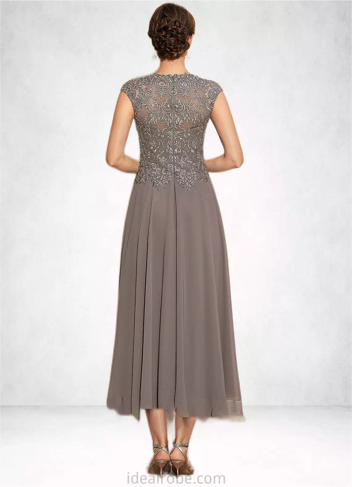 Aracely A-Line Scoop Neck Tea-Length Chiffon Lace Mother of the Bride Dress With Beading STK126P0014774