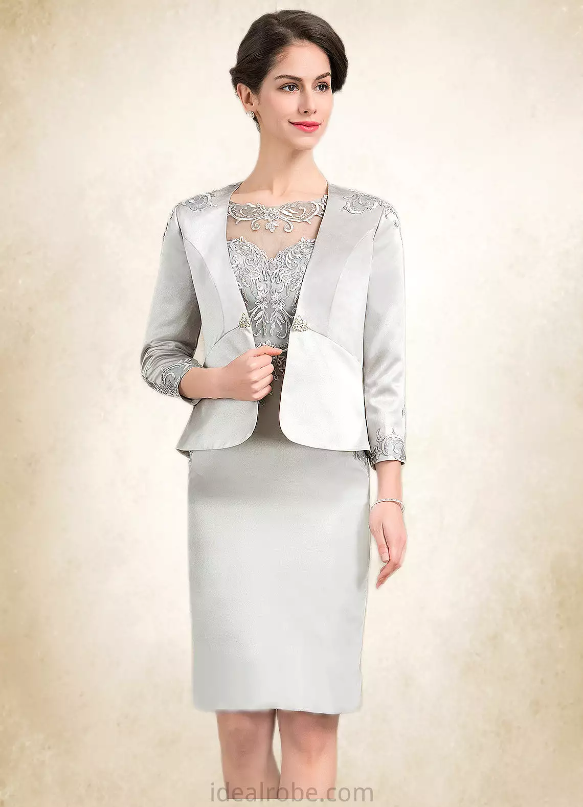 Audrey Sheath/Column Scoop Neck Knee-Length Satin Lace Mother of the Bride Dress STK126P0014762