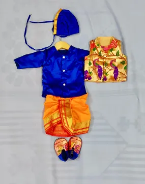 Baby boy set- premium blue paithani kurta with orange dhoti and jacket set with topra and booties