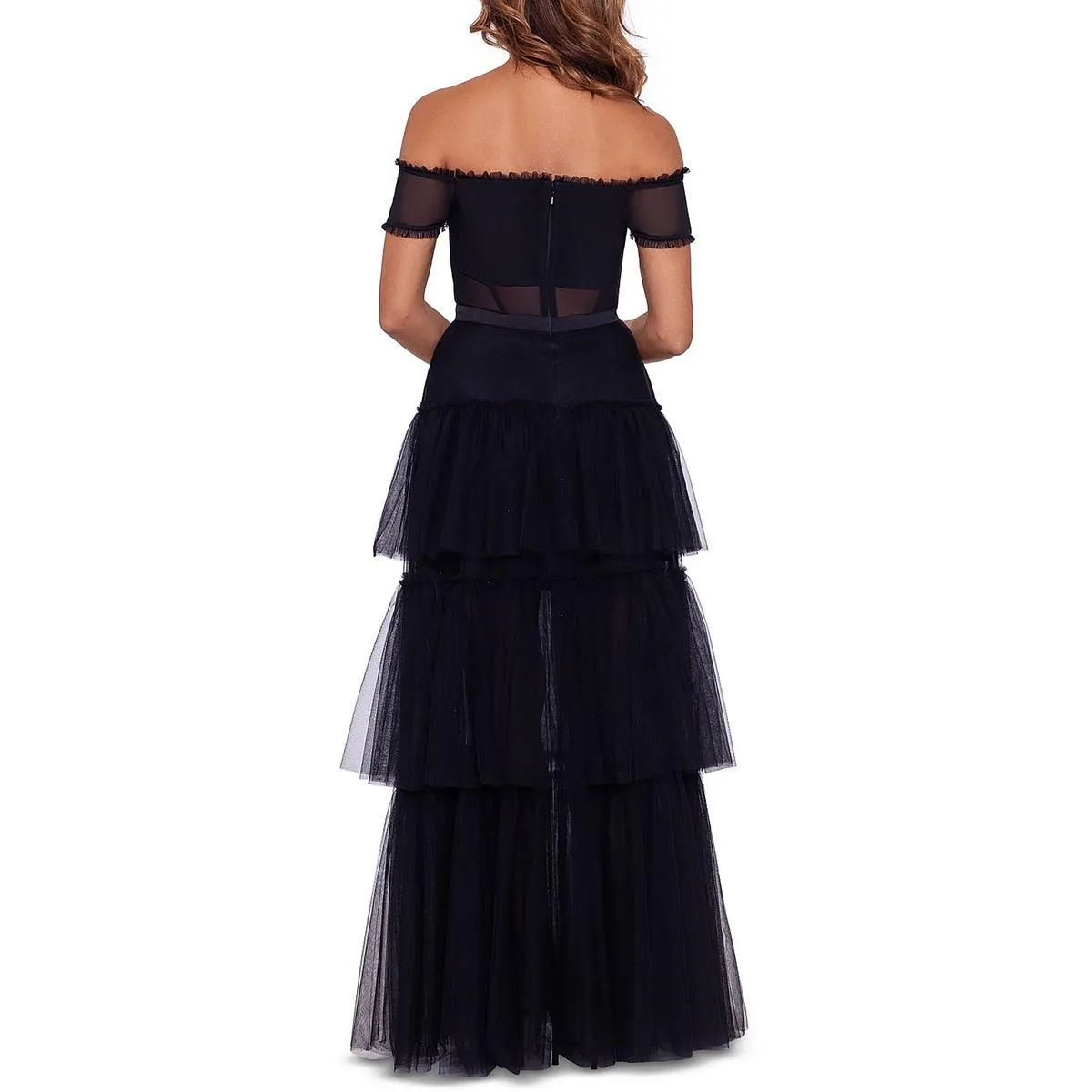 Betsy & Adam Womens Off-The-Shoulder Tiered Evening Dress