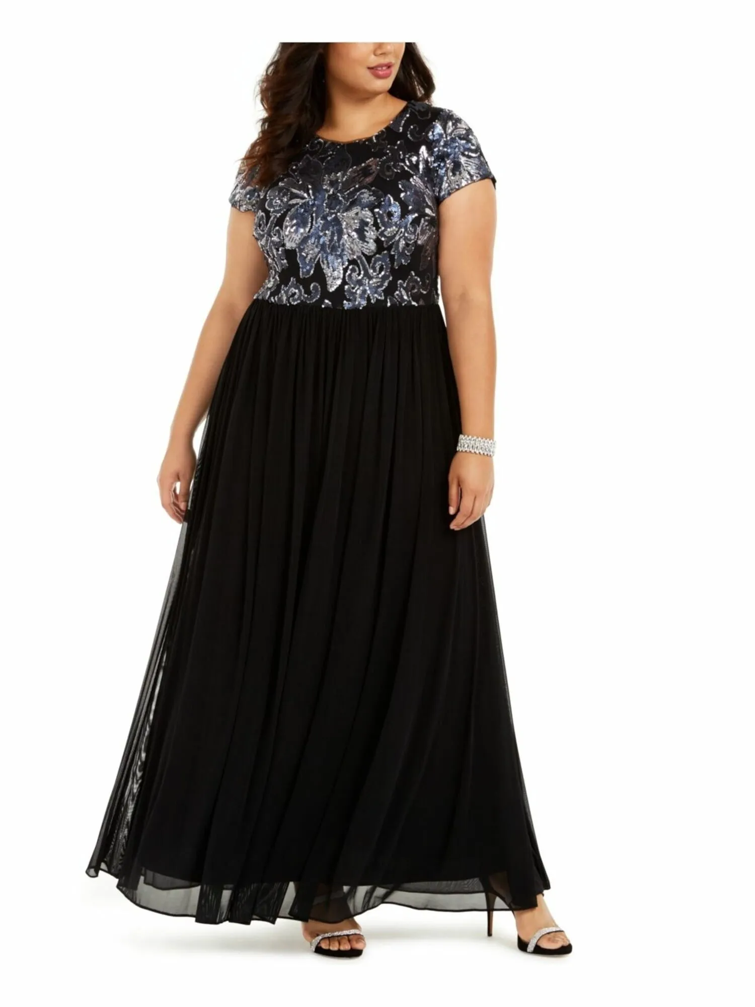 Betsy & Adam Women's Plus Embellished Bodice Gown Running Stitch Black Size 14W