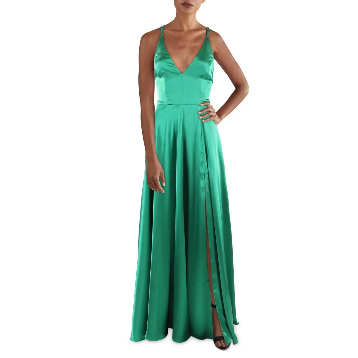 Betsy & Adam Womens Satin V-Neck Evening Dress