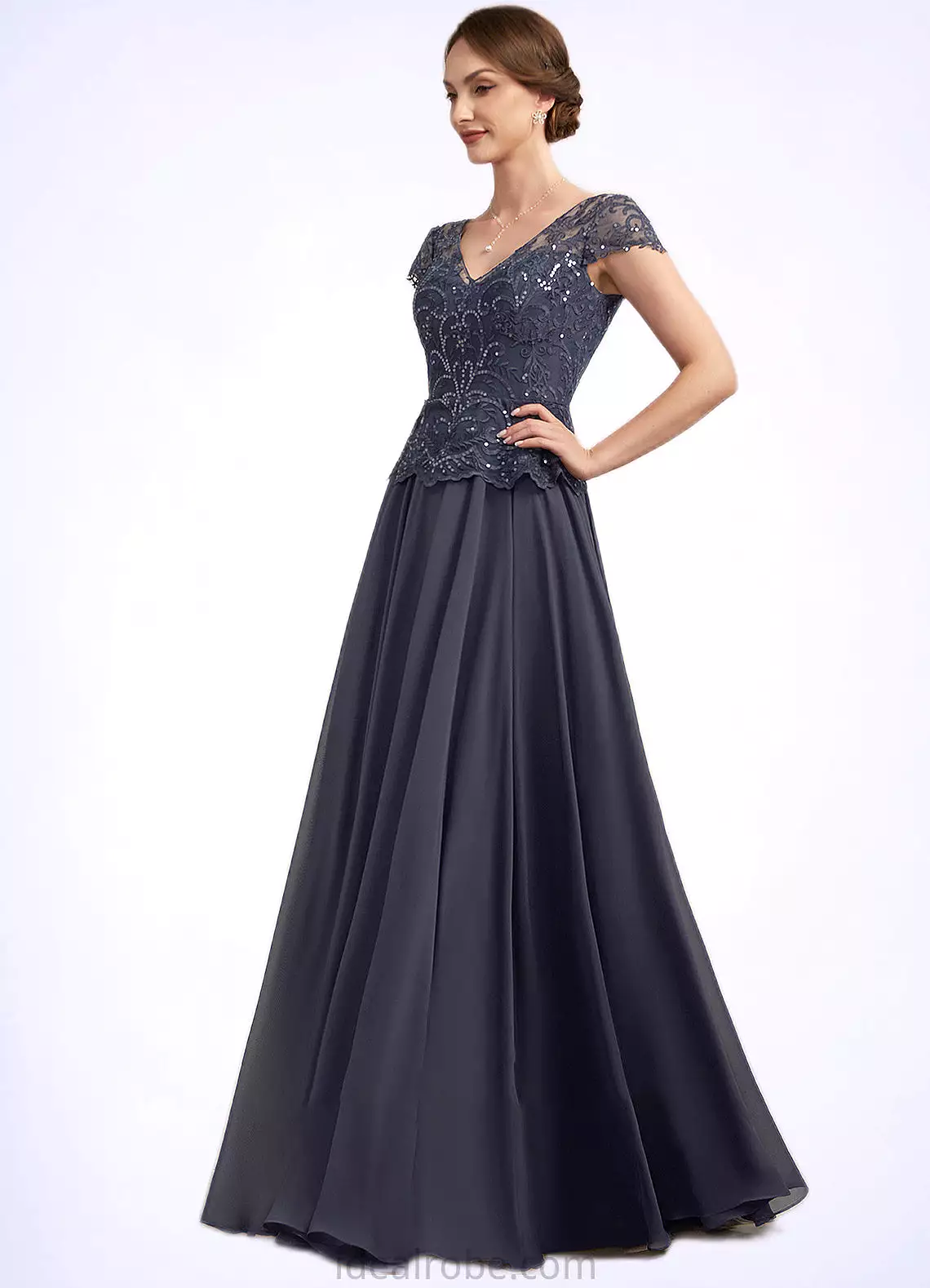 Caitlyn A-Line V-neck Floor-Length Chiffon Lace Mother of the Bride Dress With Sequins STK126P0014901