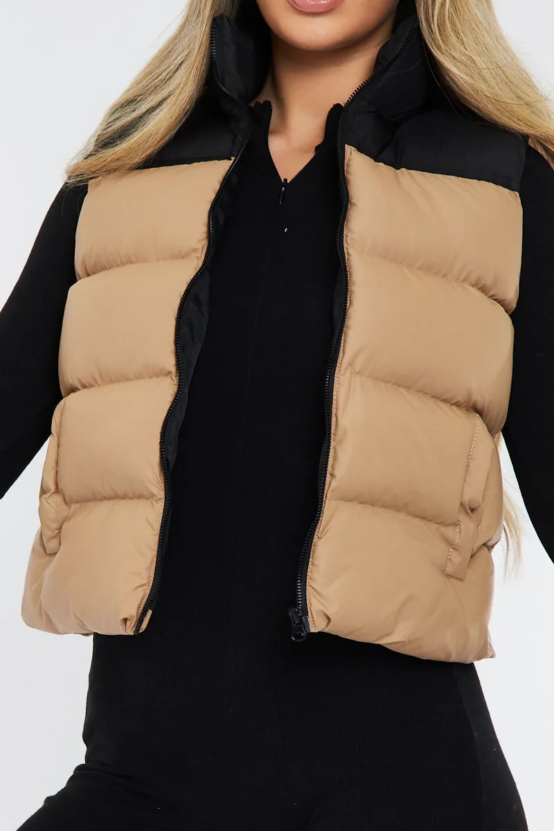 Camel Contrast Front Puffer Gilet - Mikenzie