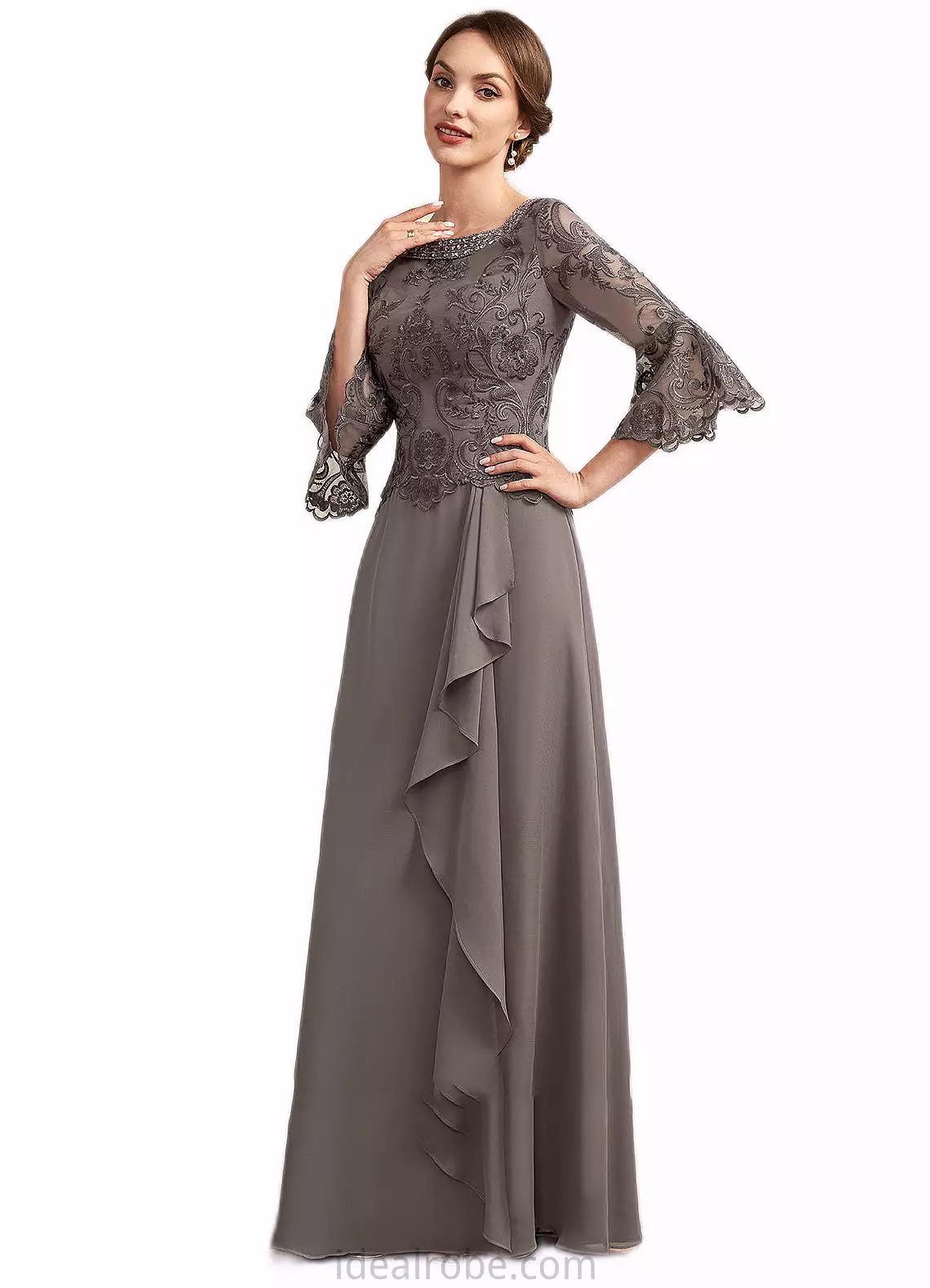 Carissa A-Line Scoop Neck Floor-Length Chiffon Lace Mother of the Bride Dress With Beading Cascading Ruffles STK126P0014797