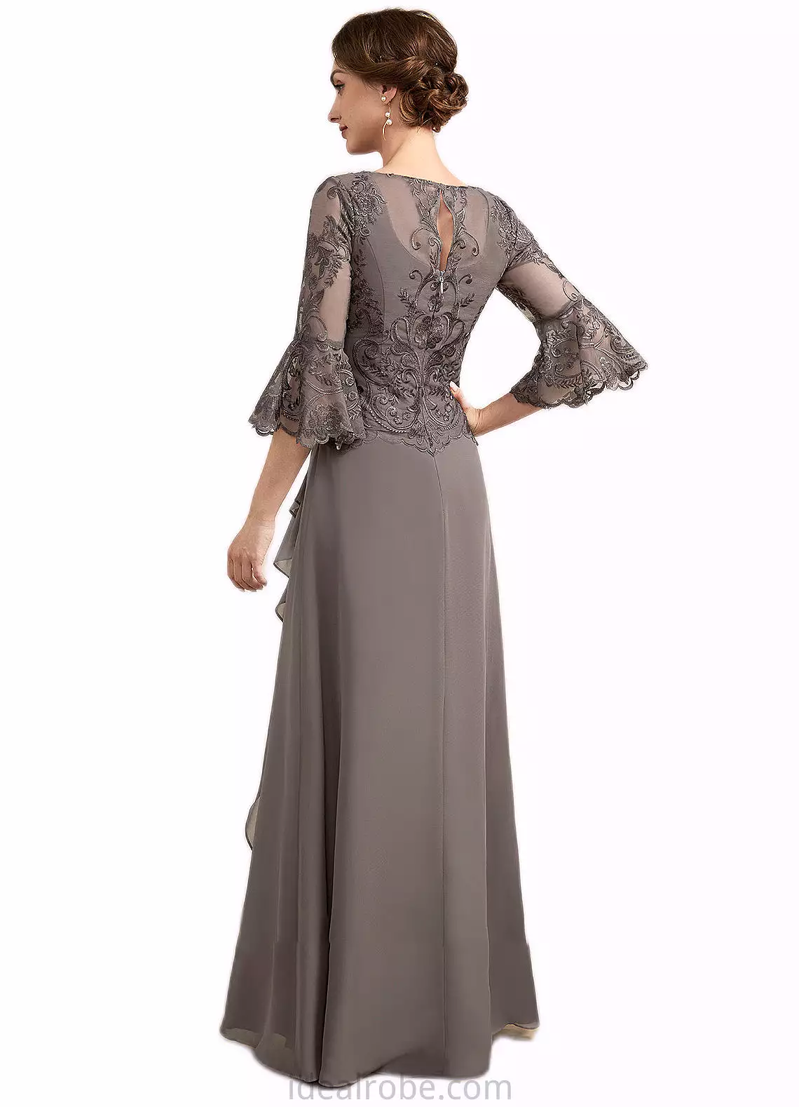 Carissa A-Line Scoop Neck Floor-Length Chiffon Lace Mother of the Bride Dress With Beading Cascading Ruffles STK126P0014797