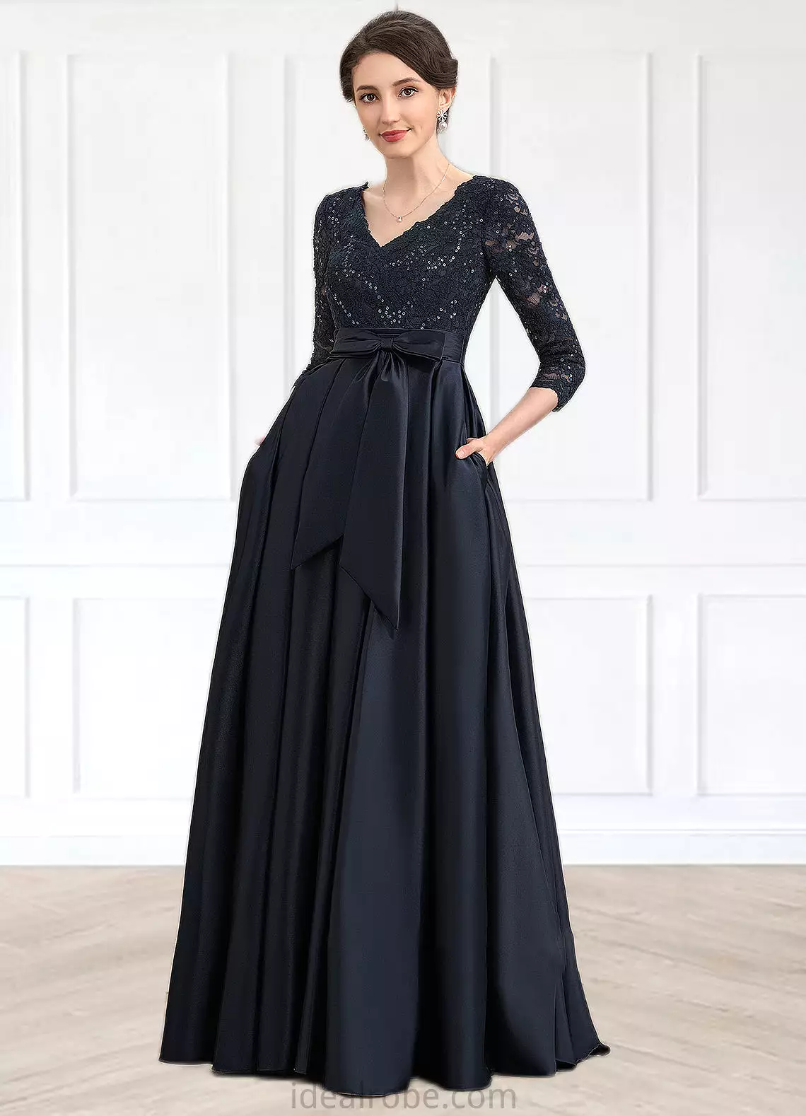 Carleigh A-Line V-neck Floor-Length Satin Lace Mother of the Bride Dress With Sequins Bow(s) Pockets STK126P0014820