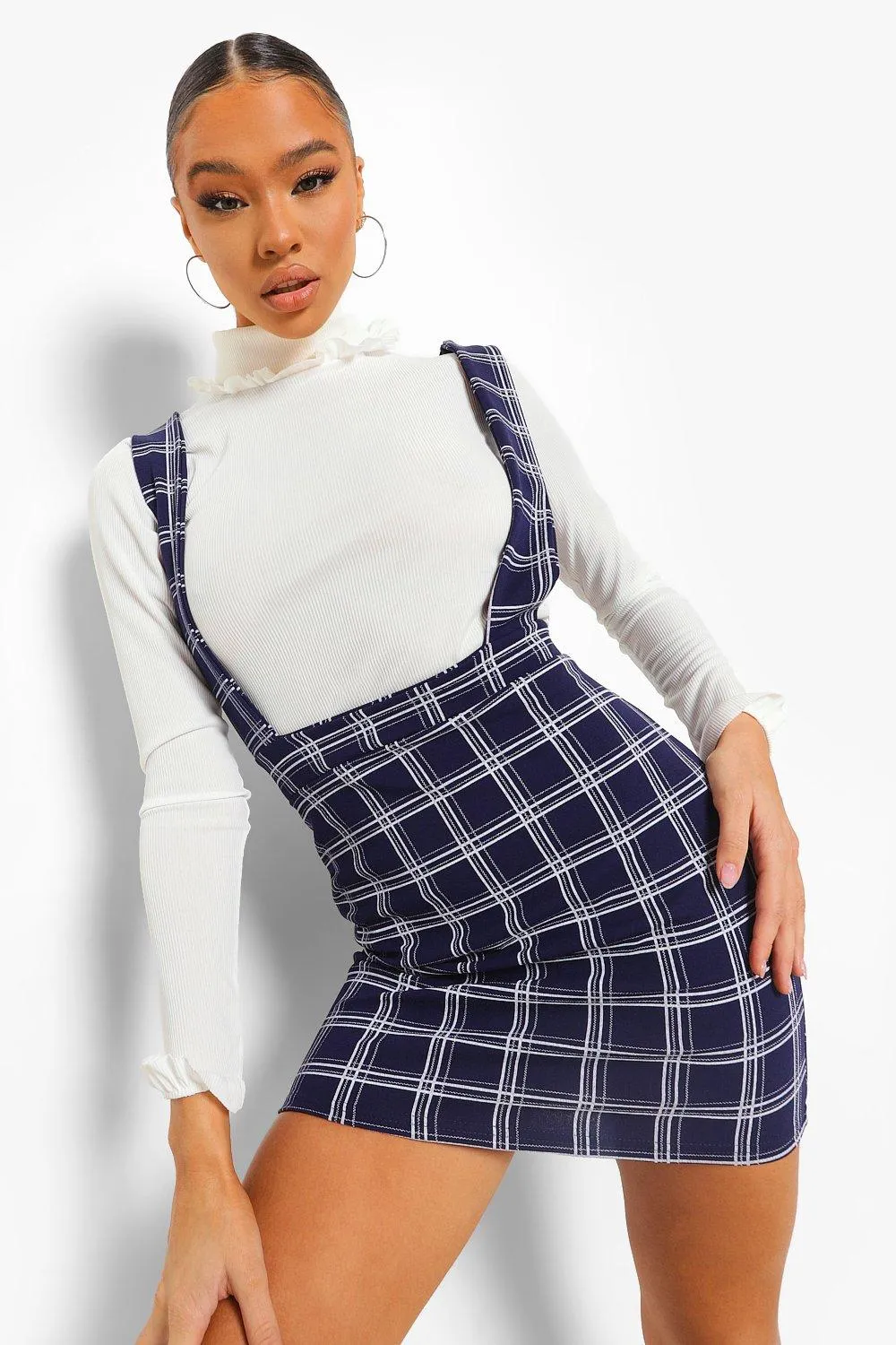 Check Pinafore With Rib Turtleneck Top