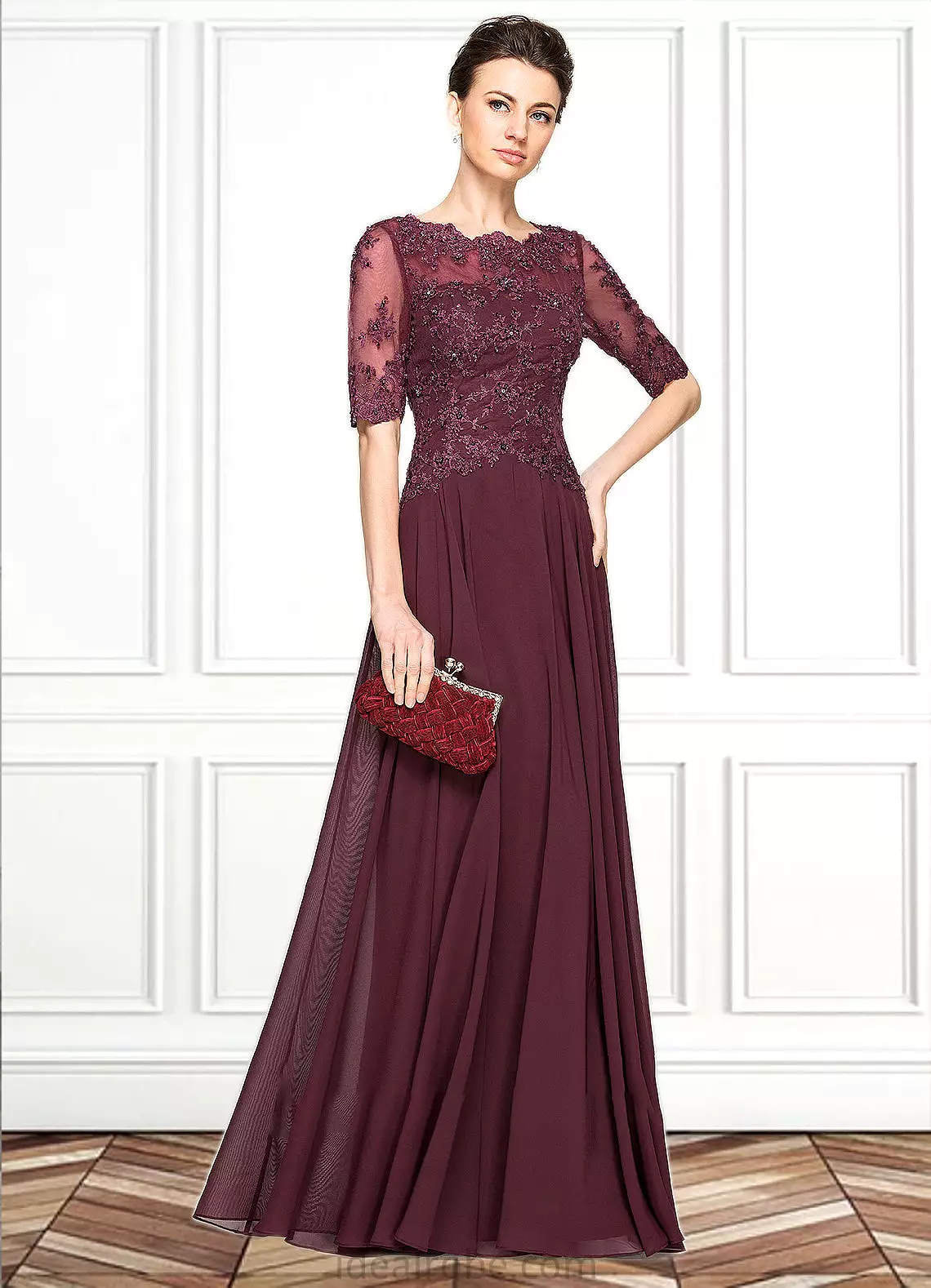 Crystal A-Line Scoop Neck Floor-Length Chiffon Lace Mother of the Bride Dress With Beading Sequins STK126P0014810