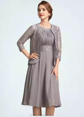 Erin A-Line Scoop Neck Knee-Length Chiffon Lace Mother of the Bride Dress With Ruffle STK126P0014766