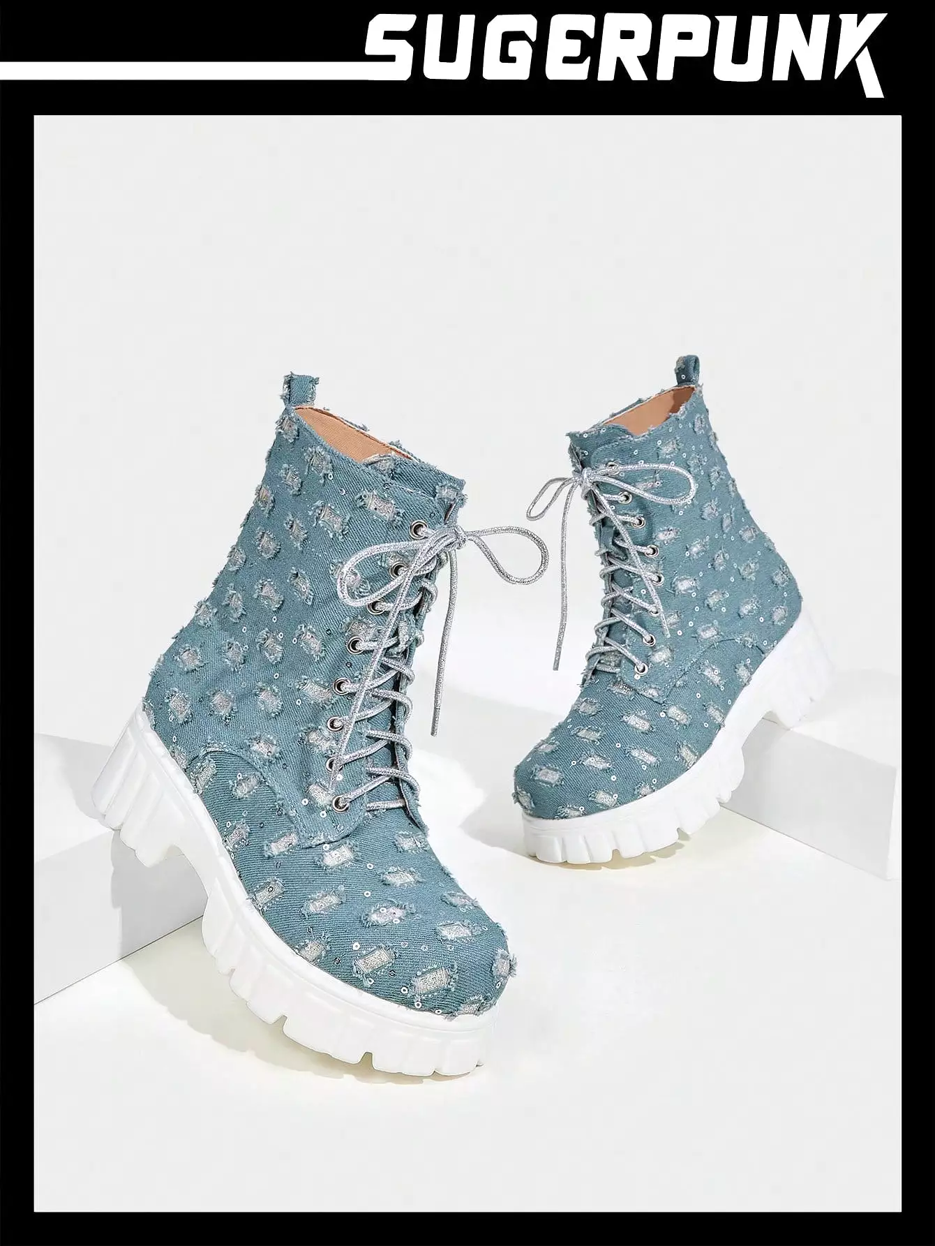 Fashionable Women's Sparkle & Denim Contrast Color Lace-up Platform Boots