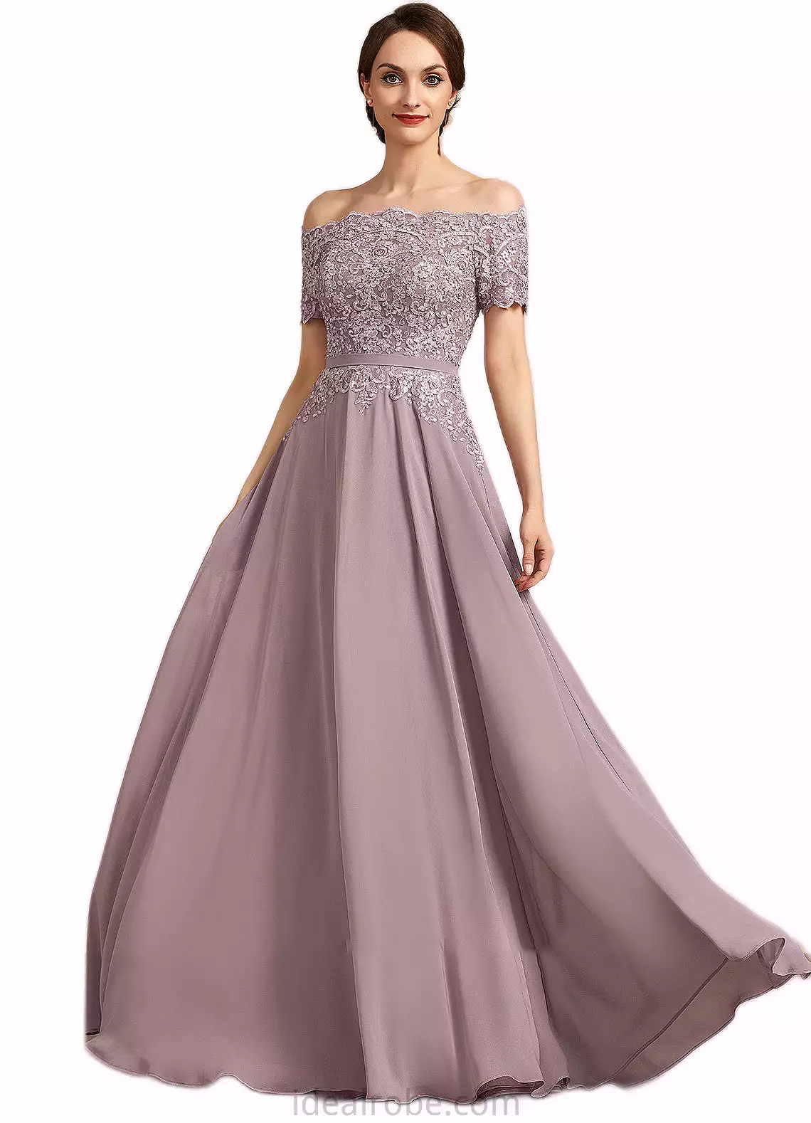 Gabriella A-Line Off-the-Shoulder Floor-Length Chiffon Lace Mother of the Bride Dress With Beading Sequins STK126P0014785