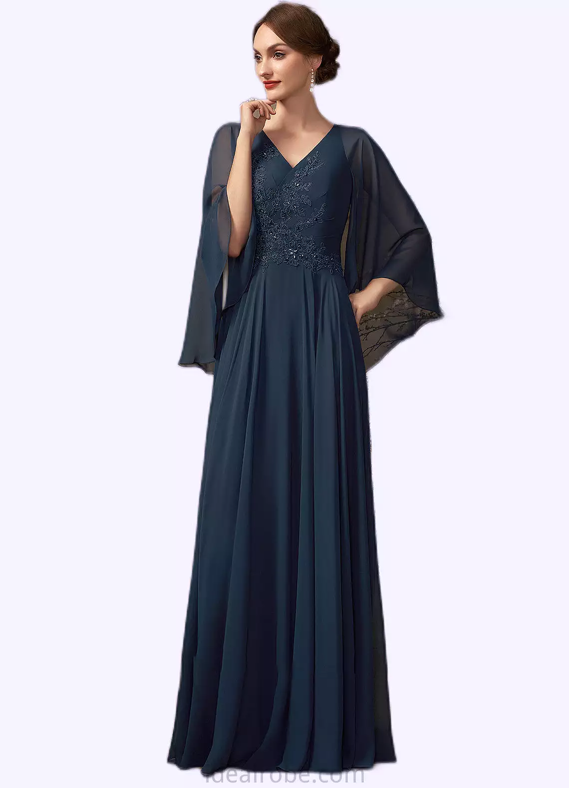 Genesis A-Line V-neck Floor-Length Chiffon Lace Mother of the Bride Dress With Beading Sequins STK126P0014849