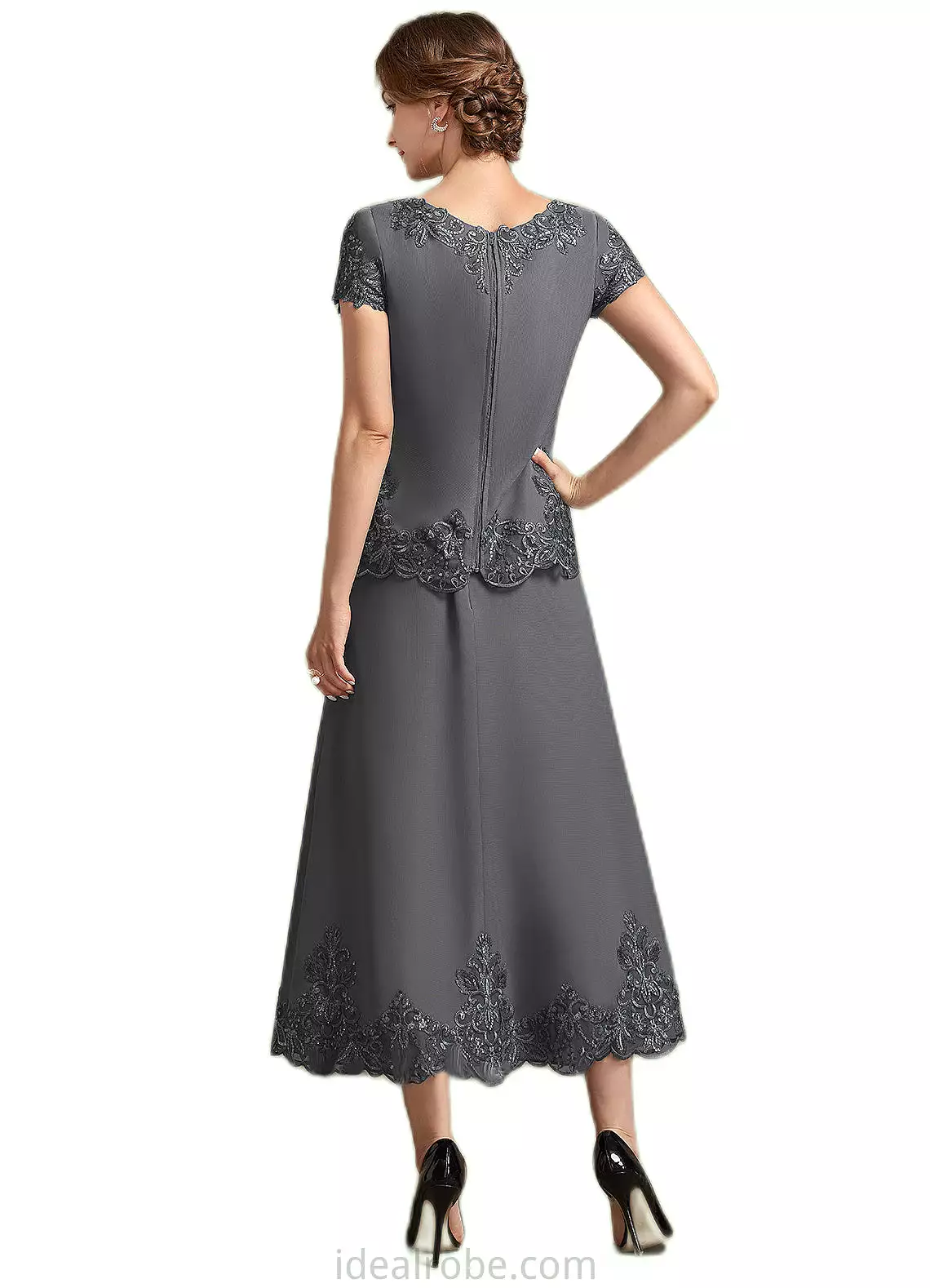 Gertrude A-Line Scoop Neck Tea-Length Chiffon Lace Mother of the Bride Dress With Sequins STK126P0014800