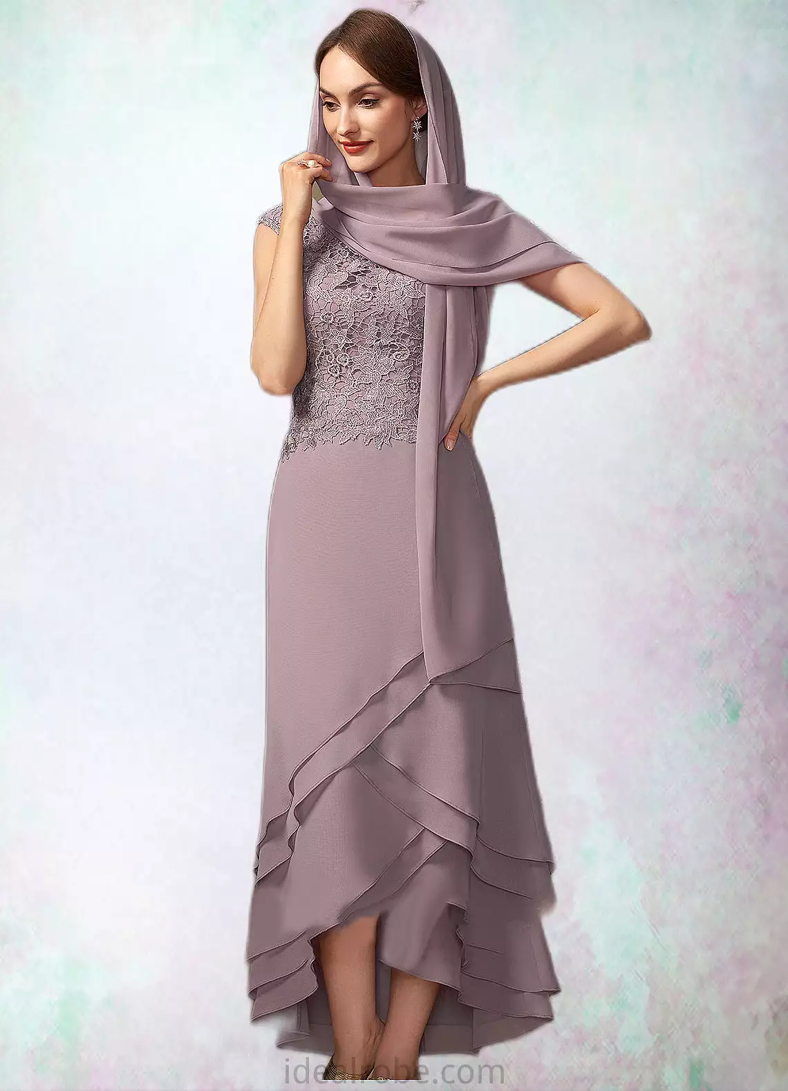 Giuliana A-Line Scoop Neck Asymmetrical Chiffon Lace Mother of the Bride Dress With Cascading Ruffles STK126P0014850