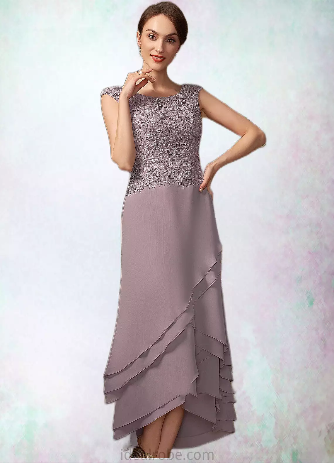 Giuliana A-Line Scoop Neck Asymmetrical Chiffon Lace Mother of the Bride Dress With Cascading Ruffles STK126P0014850