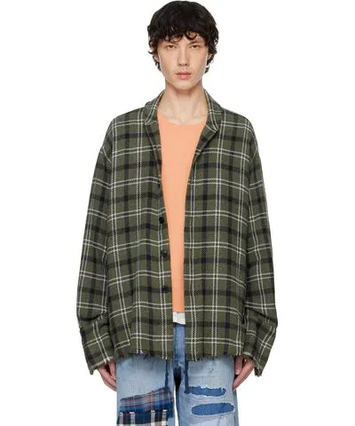 Greg Lauren Khaki Plaid Shawl Collar Shirt