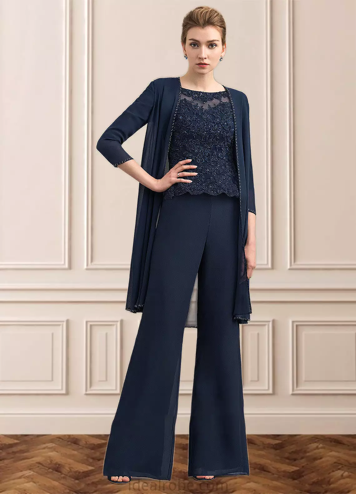 Jaliyah Jumpsuit/Pantsuit Scoop Neck Floor-Length Chiffon Lace Mother of the Bride Dress With Beading STK126P0014836