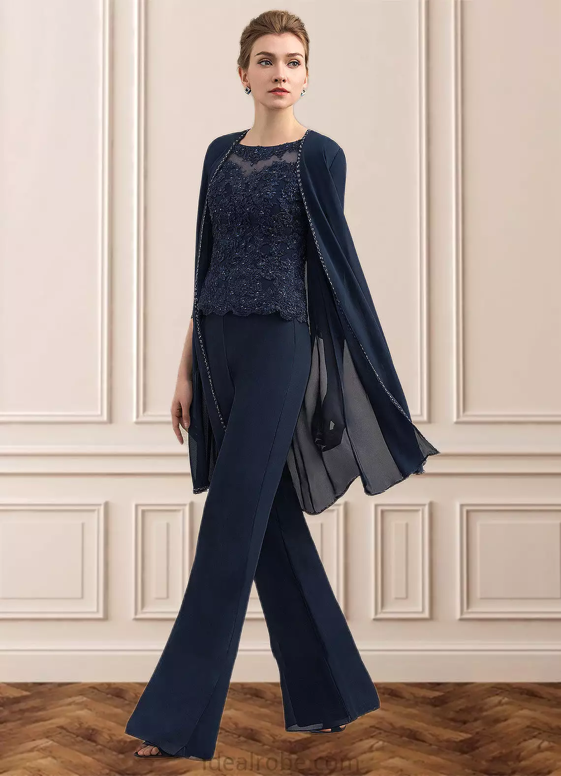 Jaliyah Jumpsuit/Pantsuit Scoop Neck Floor-Length Chiffon Lace Mother of the Bride Dress With Beading STK126P0014836