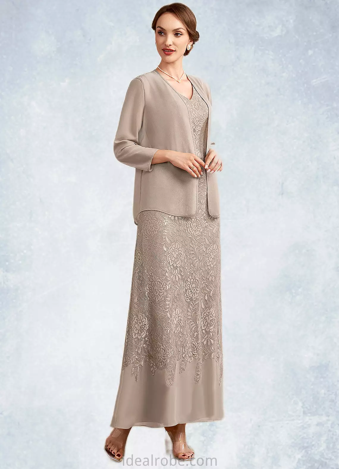 Jaslyn A-Line V-neck Ankle-Length Chiffon Lace Mother of the Bride Dress STK126P0014851