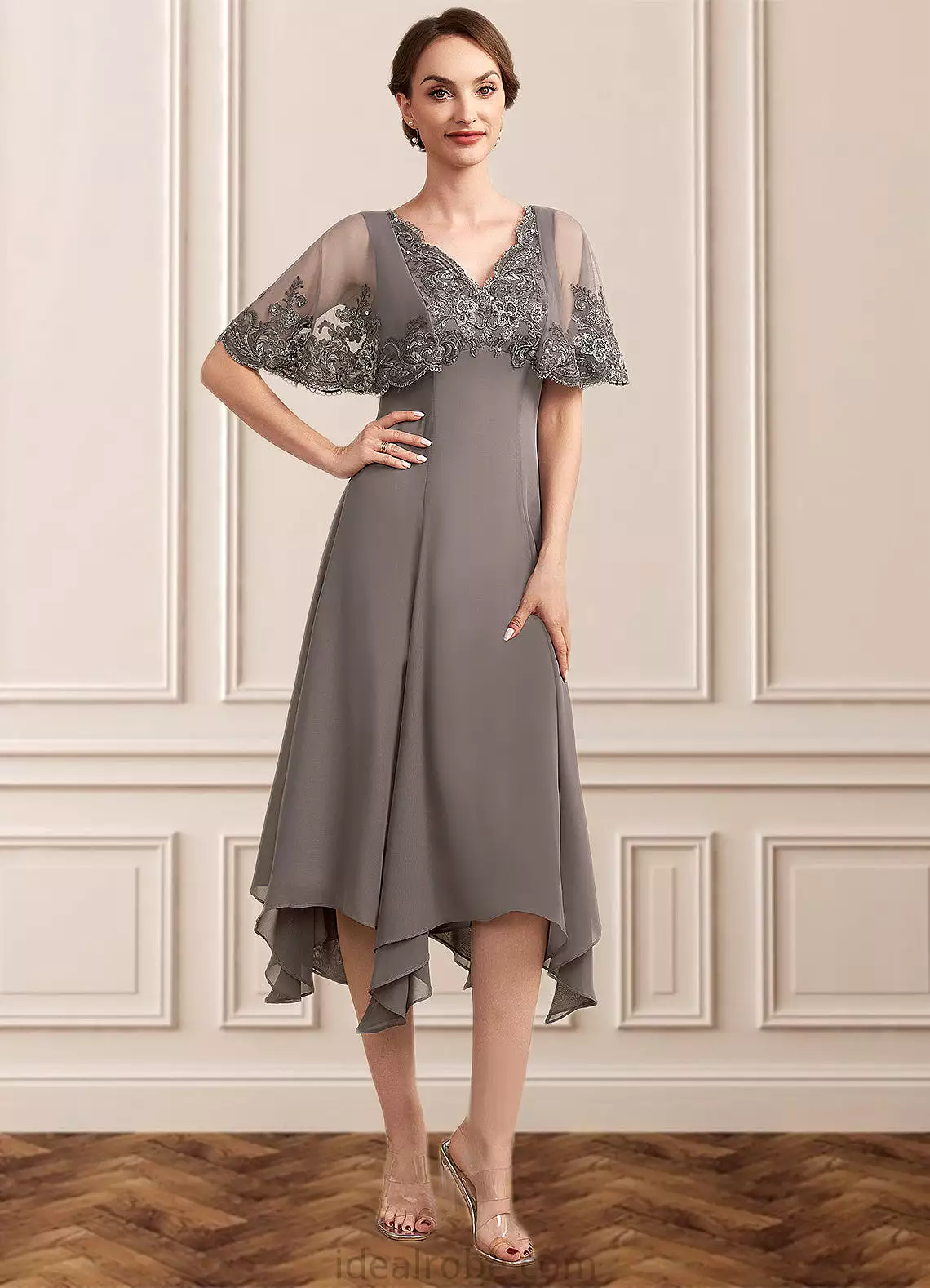 Jaylen A-Line V-neck Tea-Length Chiffon Lace Mother of the Bride Dress With Beading Sequins STK126P0014852