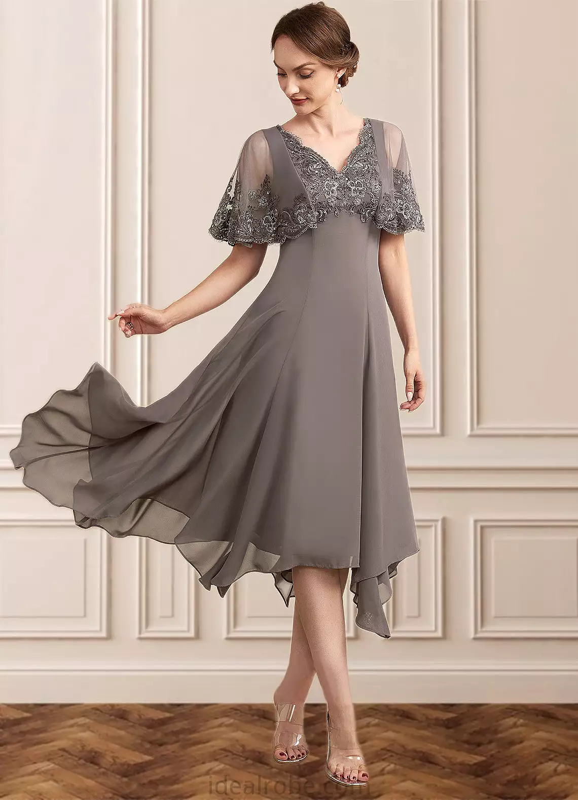 Jaylen A-Line V-neck Tea-Length Chiffon Lace Mother of the Bride Dress With Beading Sequins STK126P0014852