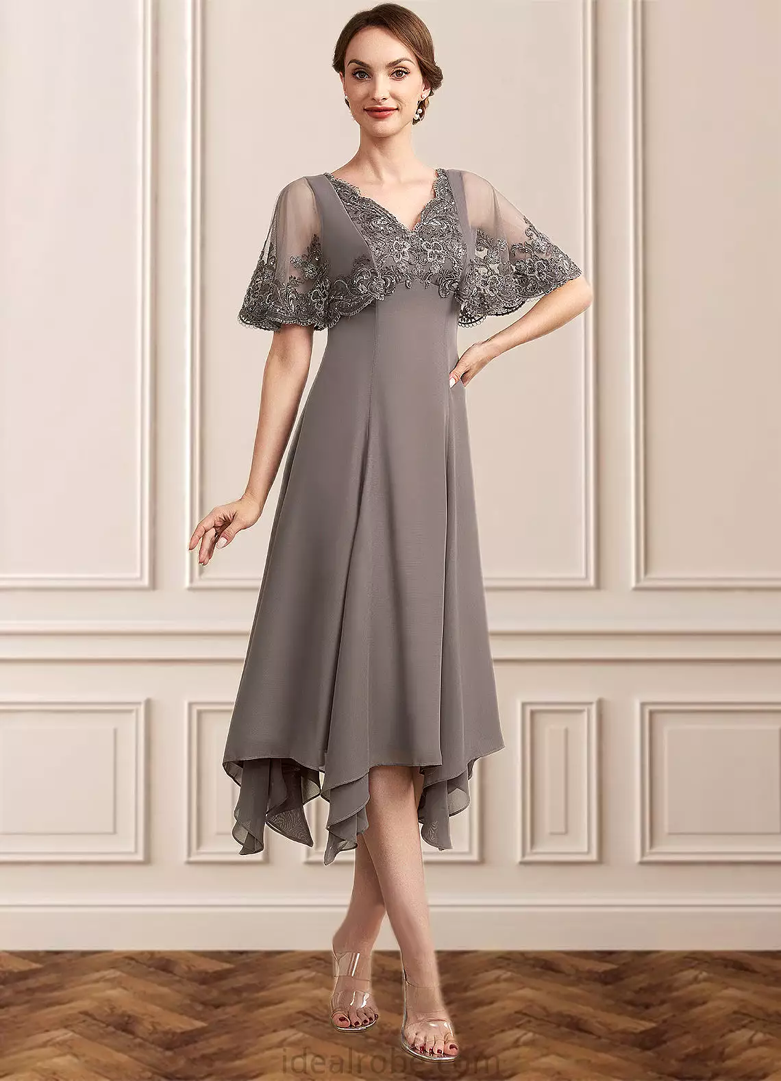 Jaylen A-Line V-neck Tea-Length Chiffon Lace Mother of the Bride Dress With Beading Sequins STK126P0014852