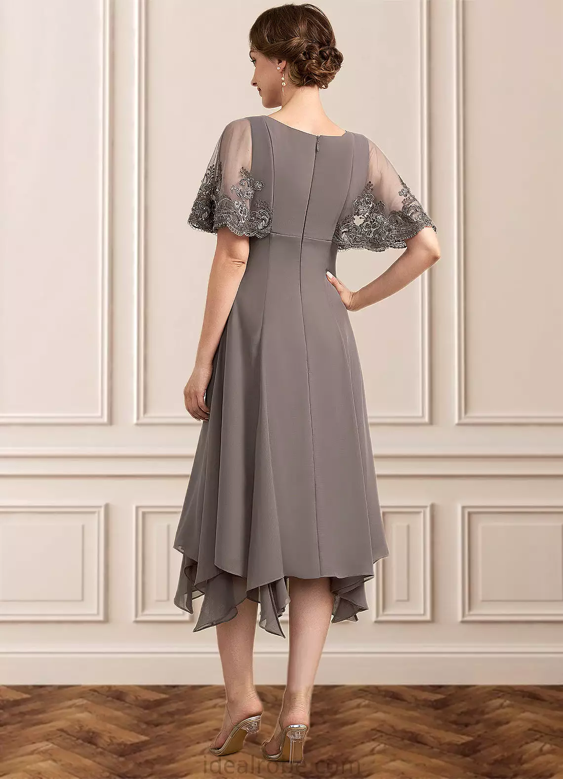 Jaylen A-Line V-neck Tea-Length Chiffon Lace Mother of the Bride Dress With Beading Sequins STK126P0014852