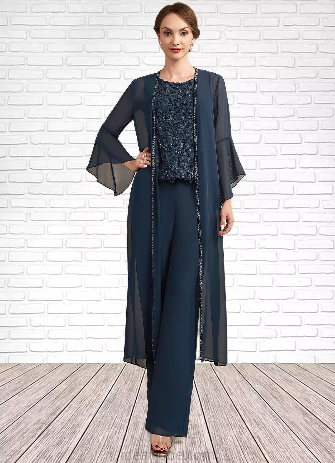 Jean Jumpsuit/Pantsuit Scoop Neck Floor-Length Chiffon Lace Mother of the Bride Dress With Beading Sequins STK126P0014910