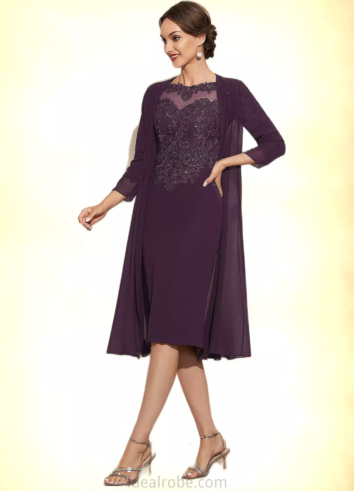 Jean Sheath/Column Scoop Neck Knee-Length Chiffon Lace Mother of the Bride Dress With Beading STK126P0014794