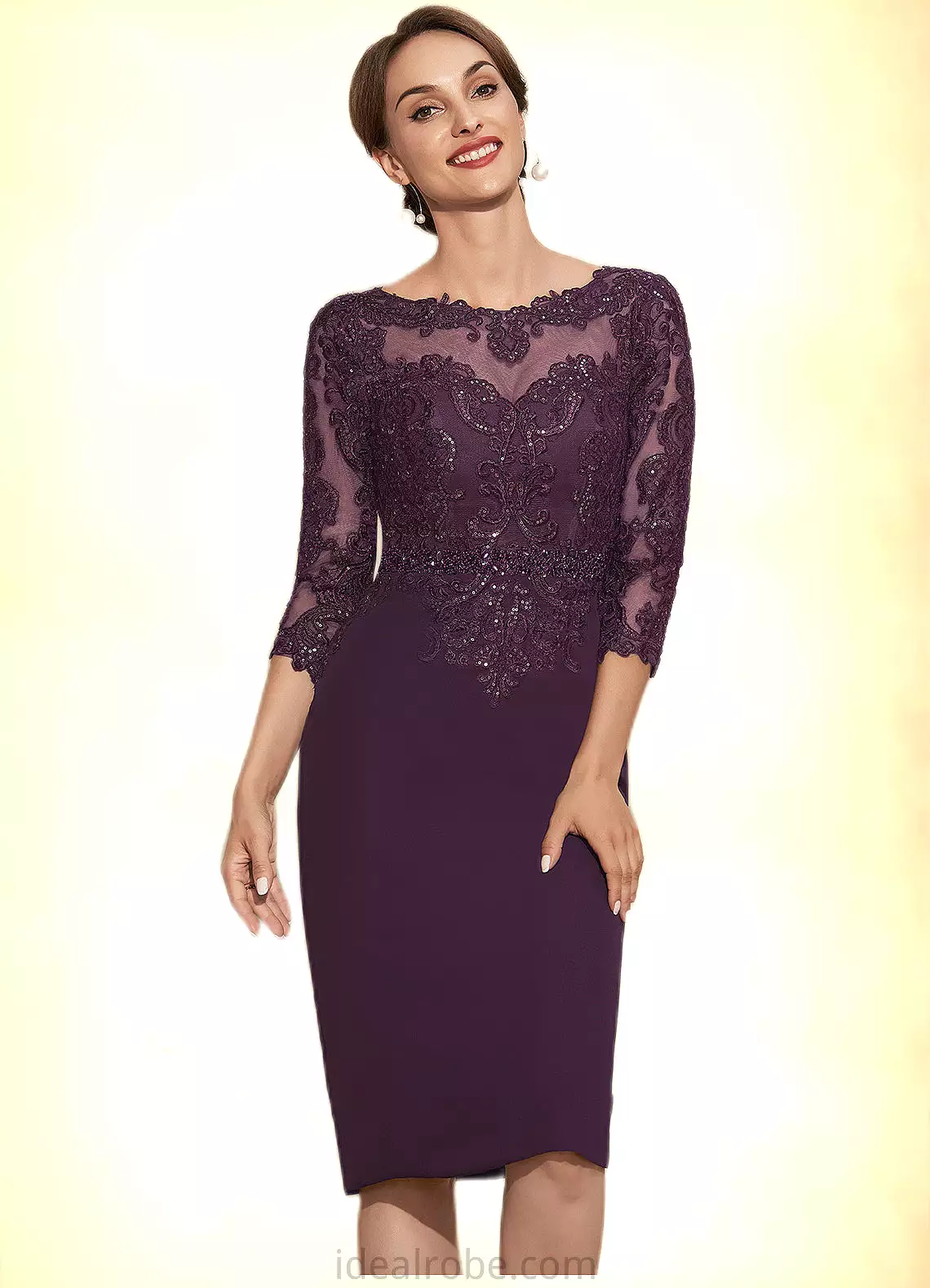 Jean Sheath/Column Scoop Neck Knee-Length Chiffon Lace Mother of the Bride Dress With Beading STK126P0014794