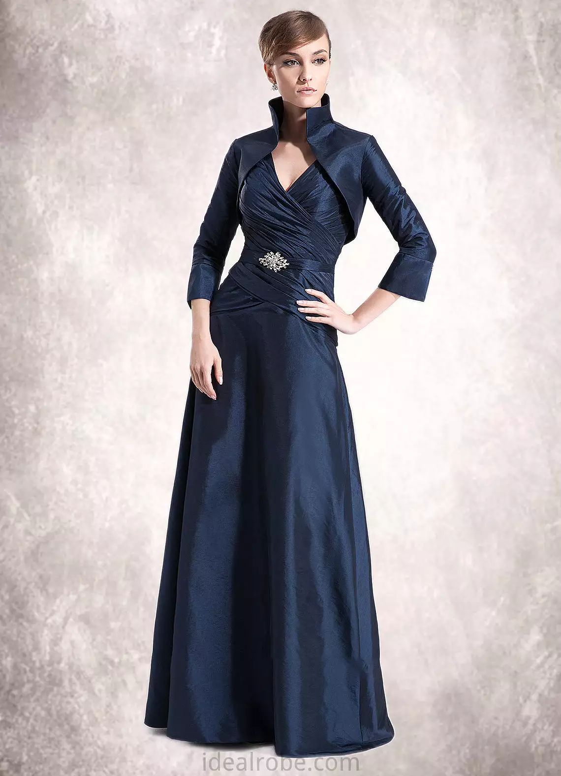 Jordin A-Line V-neck Floor-Length Taffeta Mother of the Bride Dress With Ruffle Beading STK126P0014807