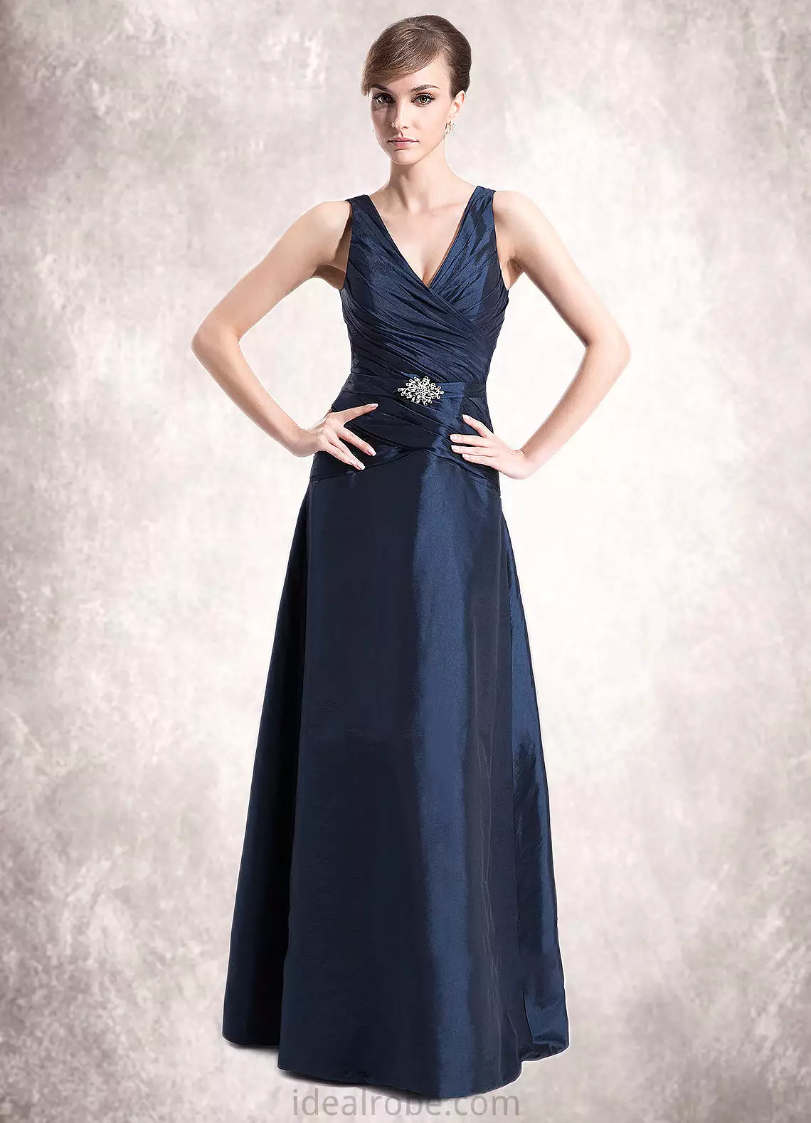 Jordin A-Line V-neck Floor-Length Taffeta Mother of the Bride Dress With Ruffle Beading STK126P0014807